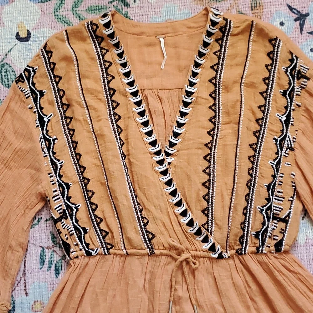 Free People Saffron Gauze Yerra Cotta Orange Embrpidered Boho Tunic Small - Picture 2 of 5